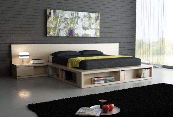 Bed-podium with built-in storage niches