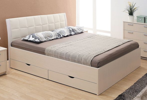 Bed with soft headboard and drawers