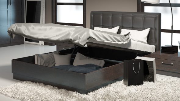 Double bed na may mga storage box - larawan