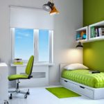 Kleine maar gezellige groene en witte kamer voor een kind