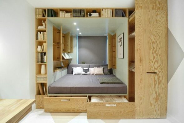 محول الأثاث من الخشب الرقائقي لغرفة نوم صغيرة