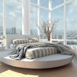 Yuvarlak yataklı podyumlu sıradışı cam yatak odası