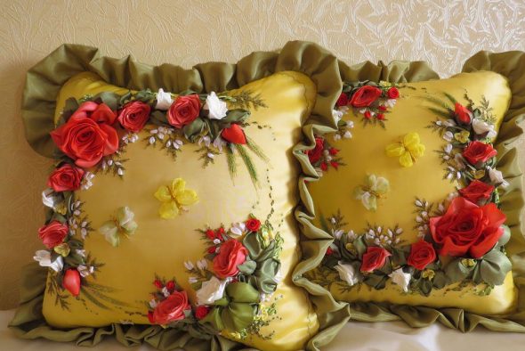 Pillows embroidered with ribbons