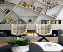 Unusual shelves for decoration and books above the fireplace