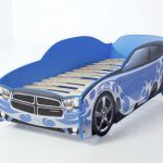 Blue car bed with mattress frame