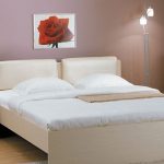 Miegamasis pastelinėmis spalvomis su neįprasta lova