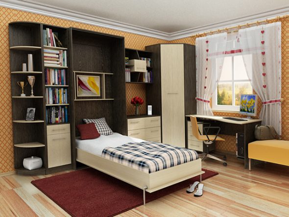 Wygodna sypialnia z wbudowanym łóżkiem transformatora