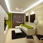 Makitid at mahabang living room na may integrated lighting
