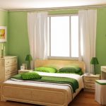 Žalias miegamasis su lova prie lango