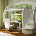 White loft bed of unusual shape in the interior