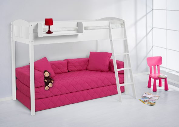 White loft bed with a sofa downstairs
