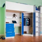 White and blue loft bed with corner wardrobe and work area