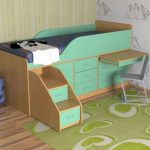 Turquoise bed na may wardrobe at table-shelf