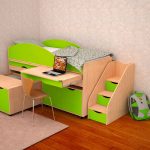 Children's bed attic the Caravan with a sliding table and boxes