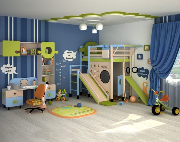 Children's loft bed with a slide and a sports corner