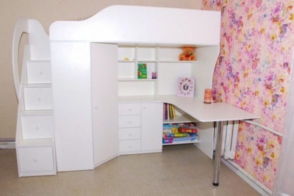 White loft bed, wardrobe at desk