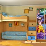 Children's room with a loft bed for a boy in blue with Winnie the Pooh