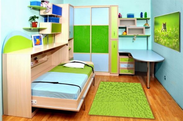 Šviesaus vaikų darželio su sulankstoma lova dizainas