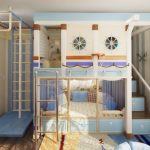 Bunk bed in the nursery with a game and sports area