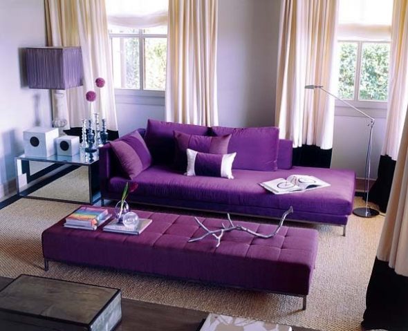 Violetinė sofa su minkšta violetine sofa