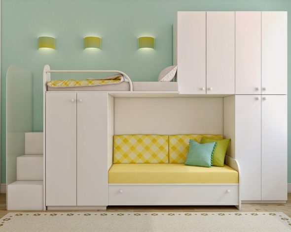 Loft bed na may sofa at built-in cupboards