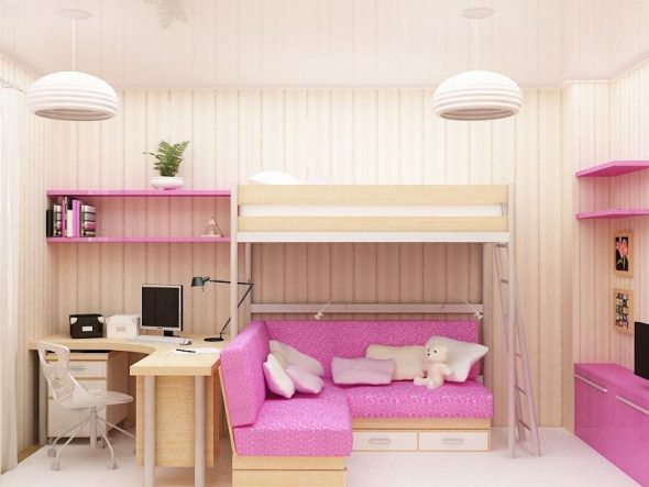 Unutarnja soba za djevojčice s krevetom u potkrovlju i kutnom sofom