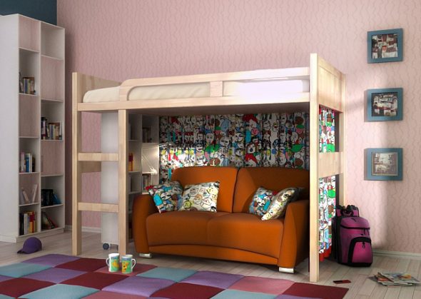 Wnętrze nowoczesnej sypialni z łóżkiem na poddaszu i sofą-otomaną