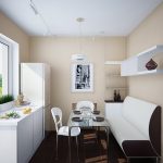 Interesting design decoration of a small kitchen with a long sofa