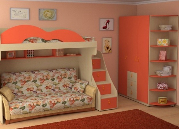 Furniture set with an attic bed with a sofa made of durable chipboard