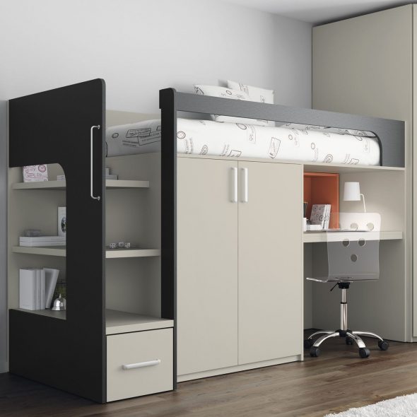 Loft bed with work space and built-in wardrobe