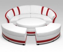 Czerwono-biała, rozkładana sofa w kształcie okrągłym