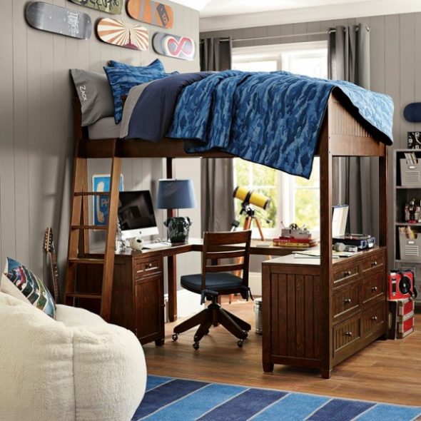 Loft bed for adults with workplace and chest of drawers
