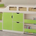 Loft bed with retractable stairs in milky green