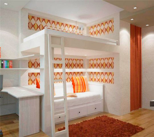 Łóżko na poddaszu w biało-pomarańczowym stylu
