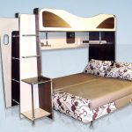 Bed with shelves and sofa