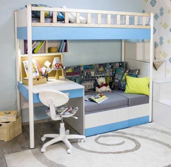 Small loft bed with sofa and work area