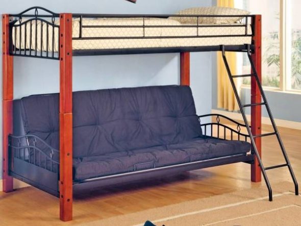 Unusual loft bed with wooden posts and vintage metal bylets
