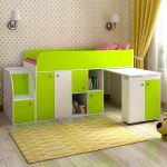 Low bed model with a sliding table and convenient lockers