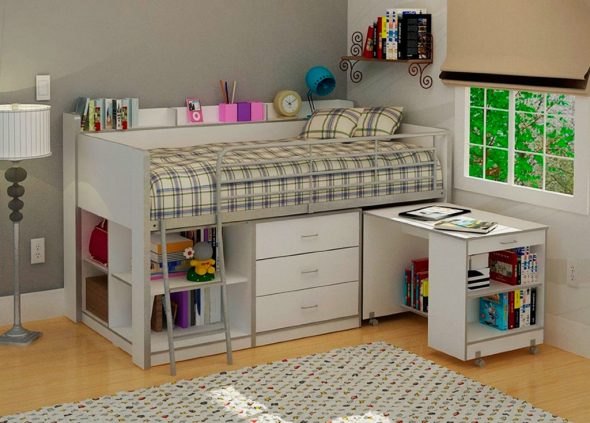 Low loft bed with extendable table