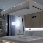 Features bedroom, decorated in the style of hi-tech