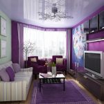 Striped sofa and purple lounge chairs in green and purple