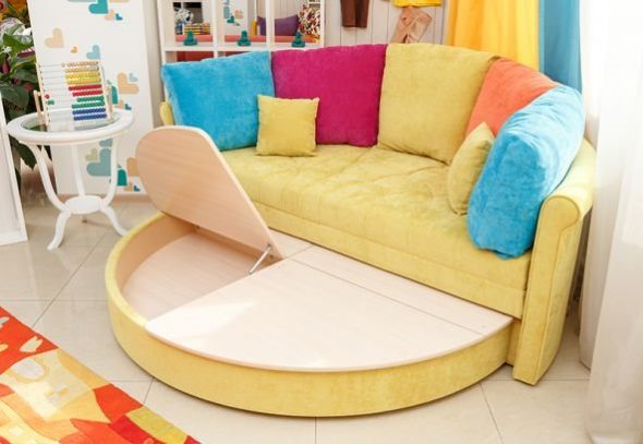 Folding round yellow sofa bed with storage space