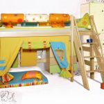Makukulay na maliwanag na disenyo ng nursery na may lugar ng play at isang loft bed