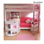 Pink loft bed with sofa and work area