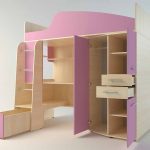 Pink bed with corner wardrobe and work space