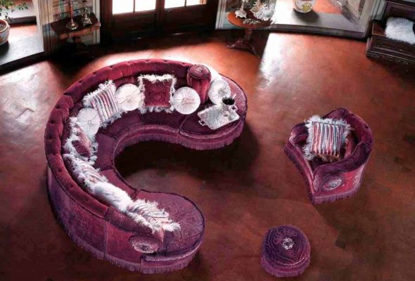 Elegancka, okrągła, przekształcająca się sofa, zamieniająca się w krzesło, dużą sofę i otomanę