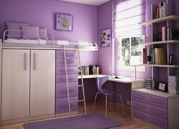 Lilac loft bed na may wardrobe
