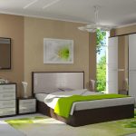 White and brown in the bedroom, diluted with bright shades of juicy greenery