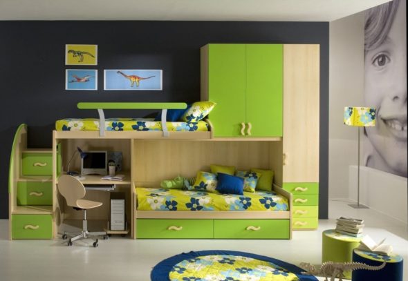 Bunk bed with a built-in wardrobe and work space