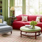 Red sofa at asul na armchair